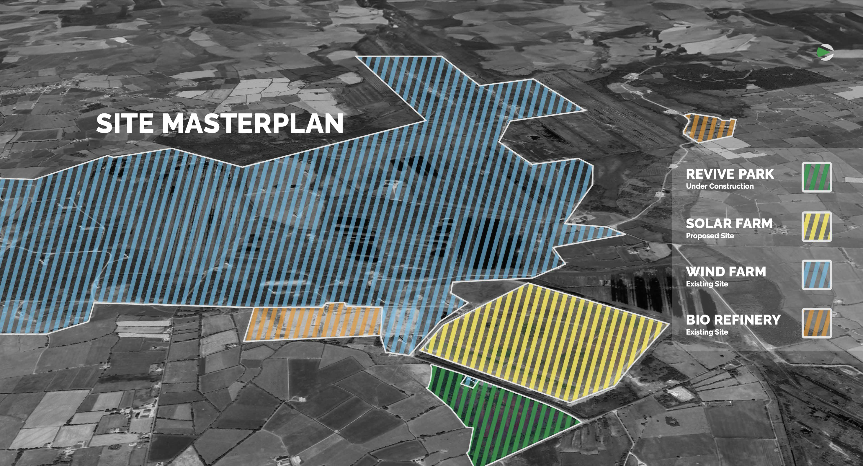 Site masterplan of the Mid-Tipperary Decarbonising Zone showing Revive Eco Park, Wind Farm, Solar Farm, and Bio Refinery at Lisheen Mine